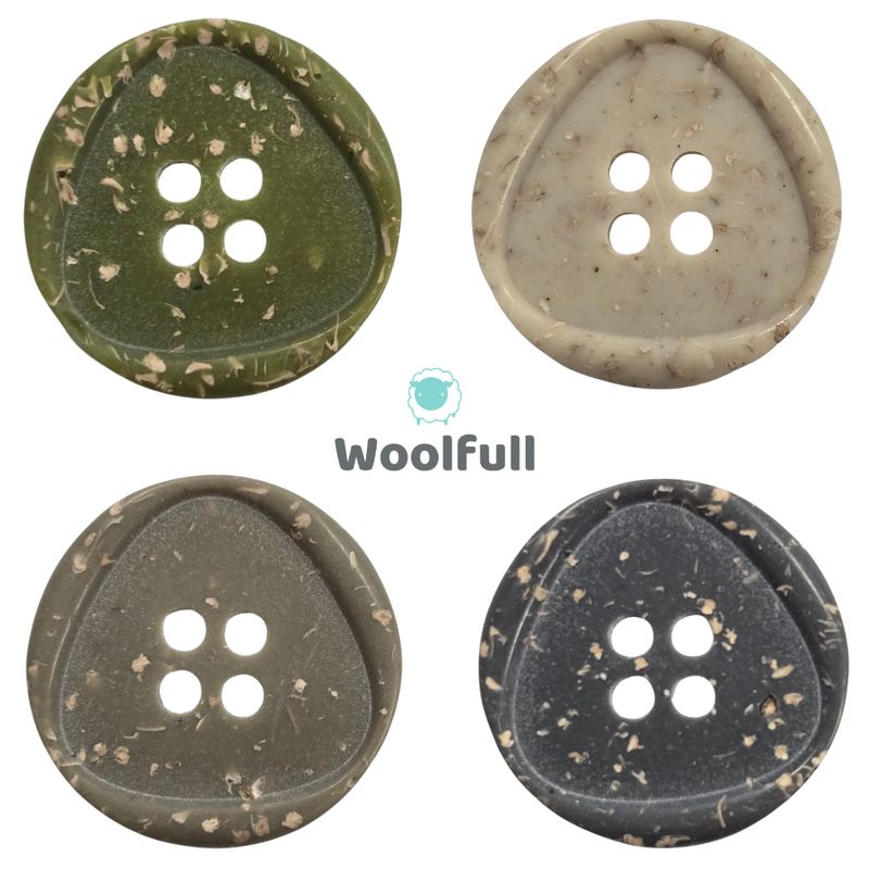 4 buttons in khaki green, cream, beige and grey, each with subtle flecks.