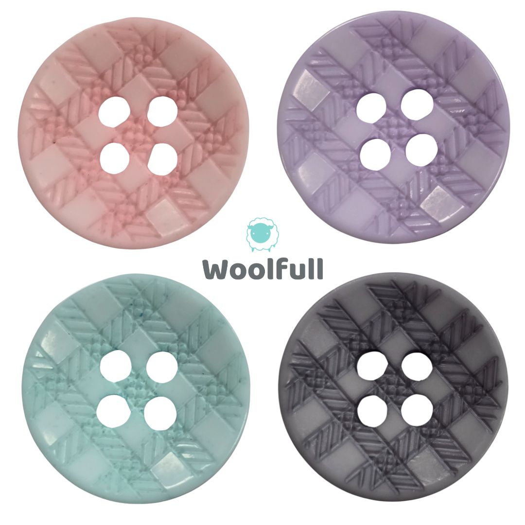 4 plaid print buttons in blue, pink, purple and grey.