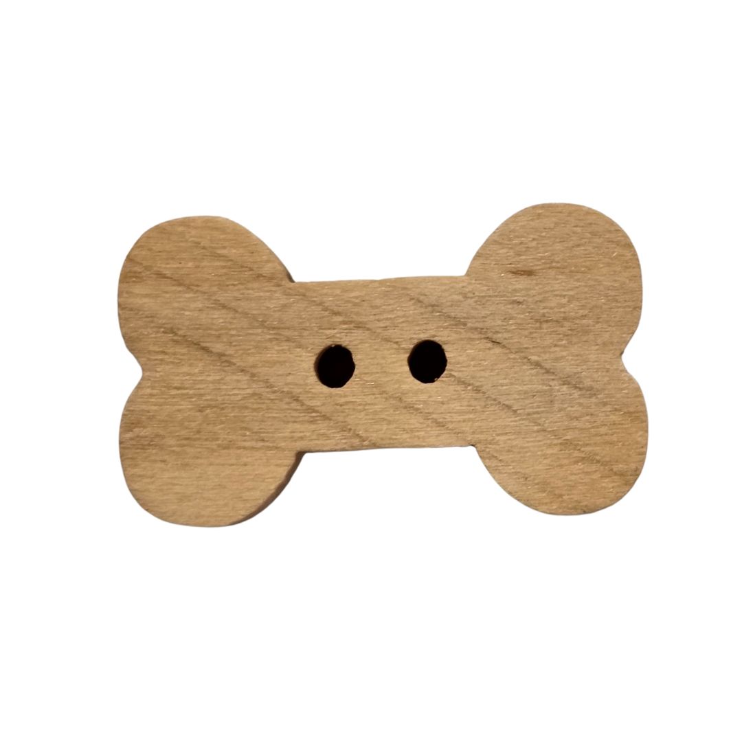 A brown wooden bone shaped button.