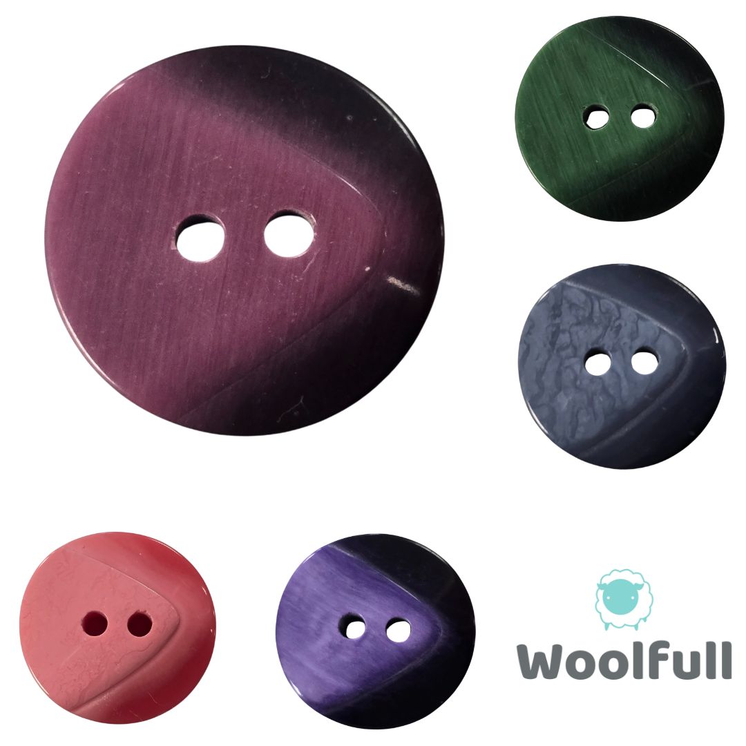 5 two tone buttons, in pink, plum purple, dark purple, dark green and denim blue.