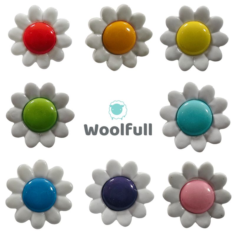 8 daisy shaped buttons with white petals and brightly coloured centres.