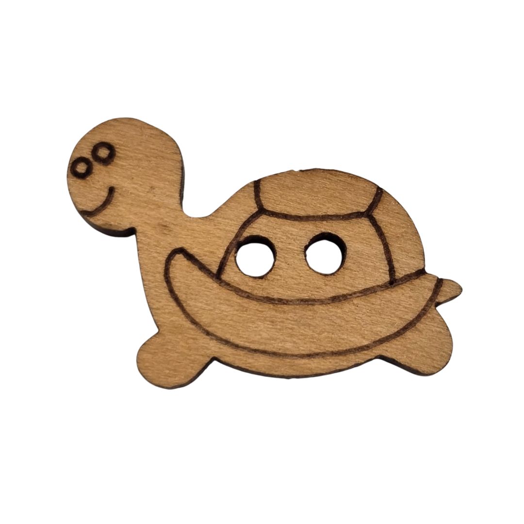 A brown wooden tortoise shaped button.
