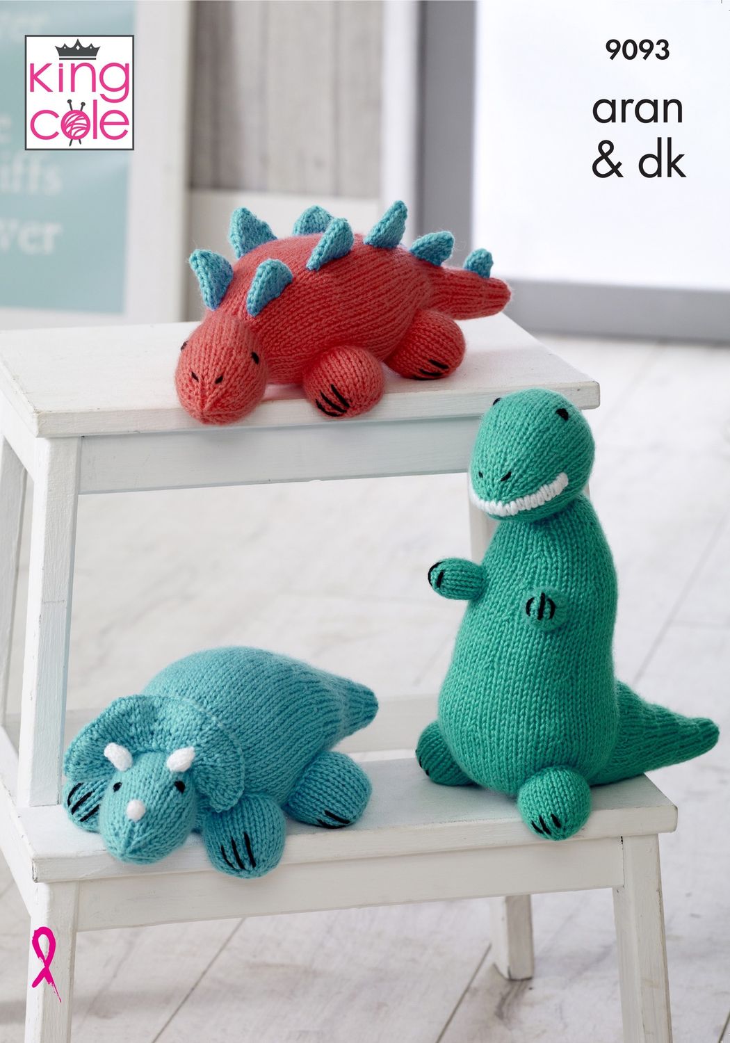 3 knitted dinosaurs in blue, red and green.