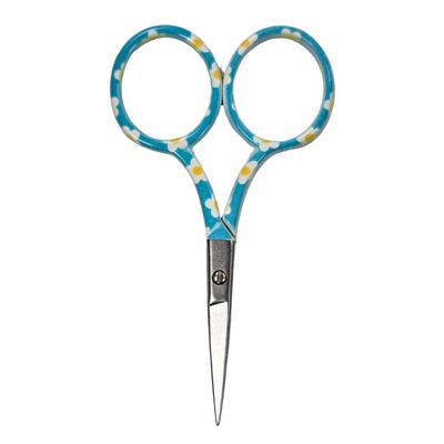 A pair of blue embroidery scissors with yellow and white daisy print.
