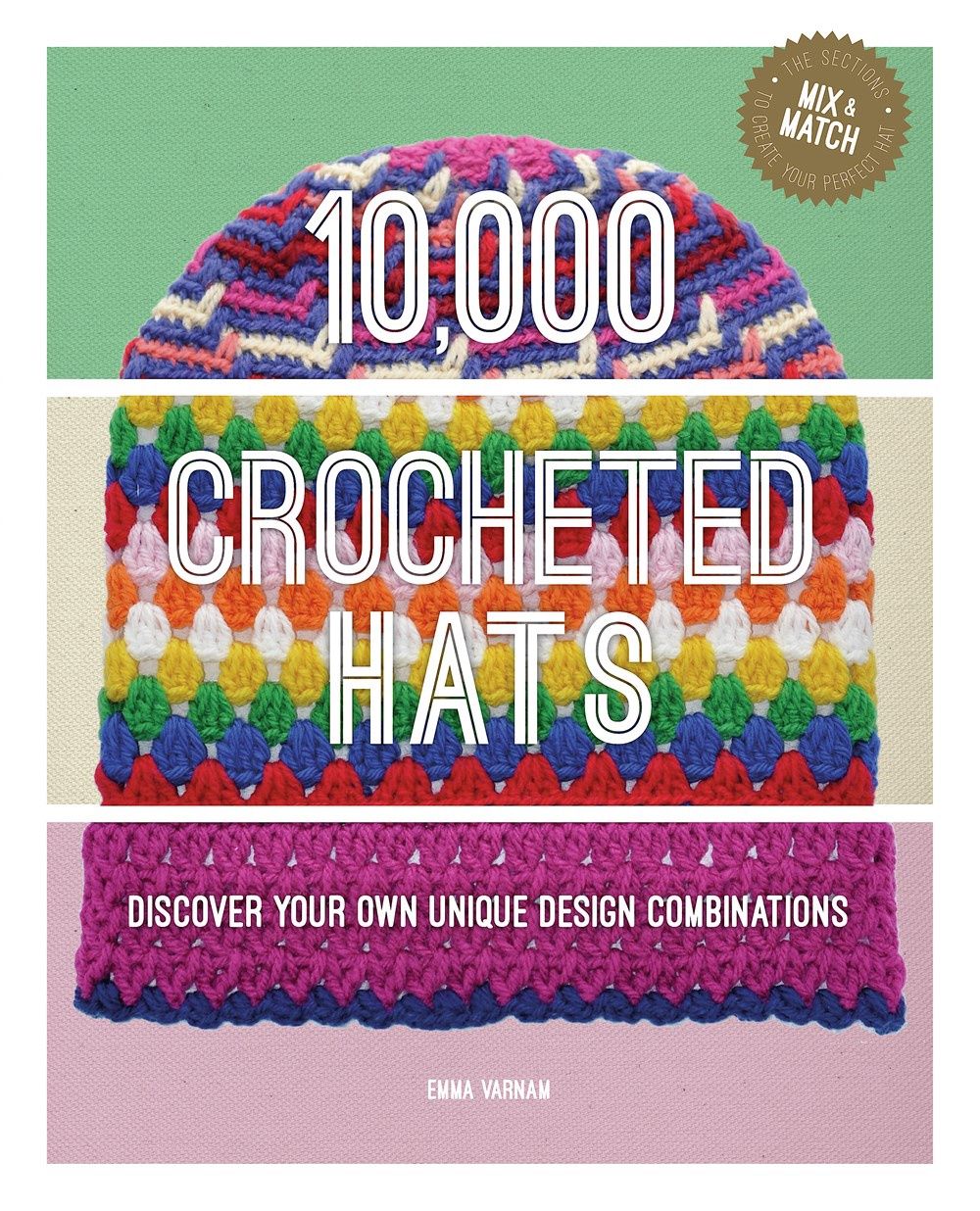 The front cover of the book, showing 3 parts of a crocheted hat.