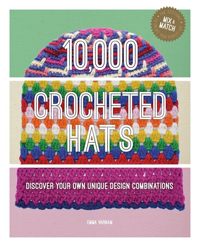 The front cover of the book, showing 3 parts of a crocheted hat.
