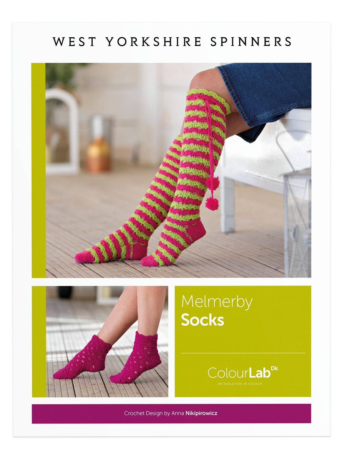 A person wearing a pair of pink and green stripy crocheted socks.