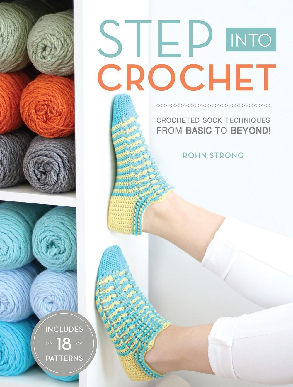 The front cover of the book, showing a person wearing a pair of blue and yellow crocheted socks.