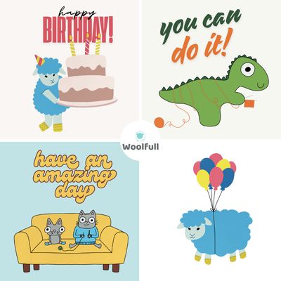 4 greetings cards, including a sheep with a birthday cake, a knitting dinosaur, knitting cats and a sheep wearing balloons.
