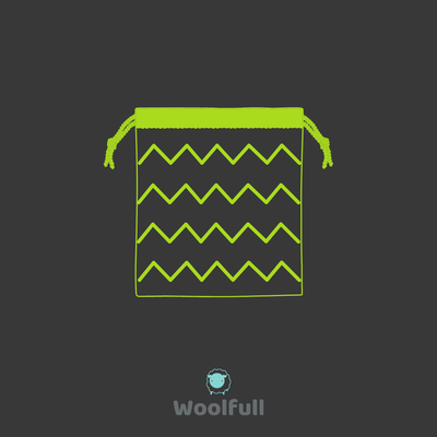 A dark grey background with a lime green drawing of a drawstring bag.
