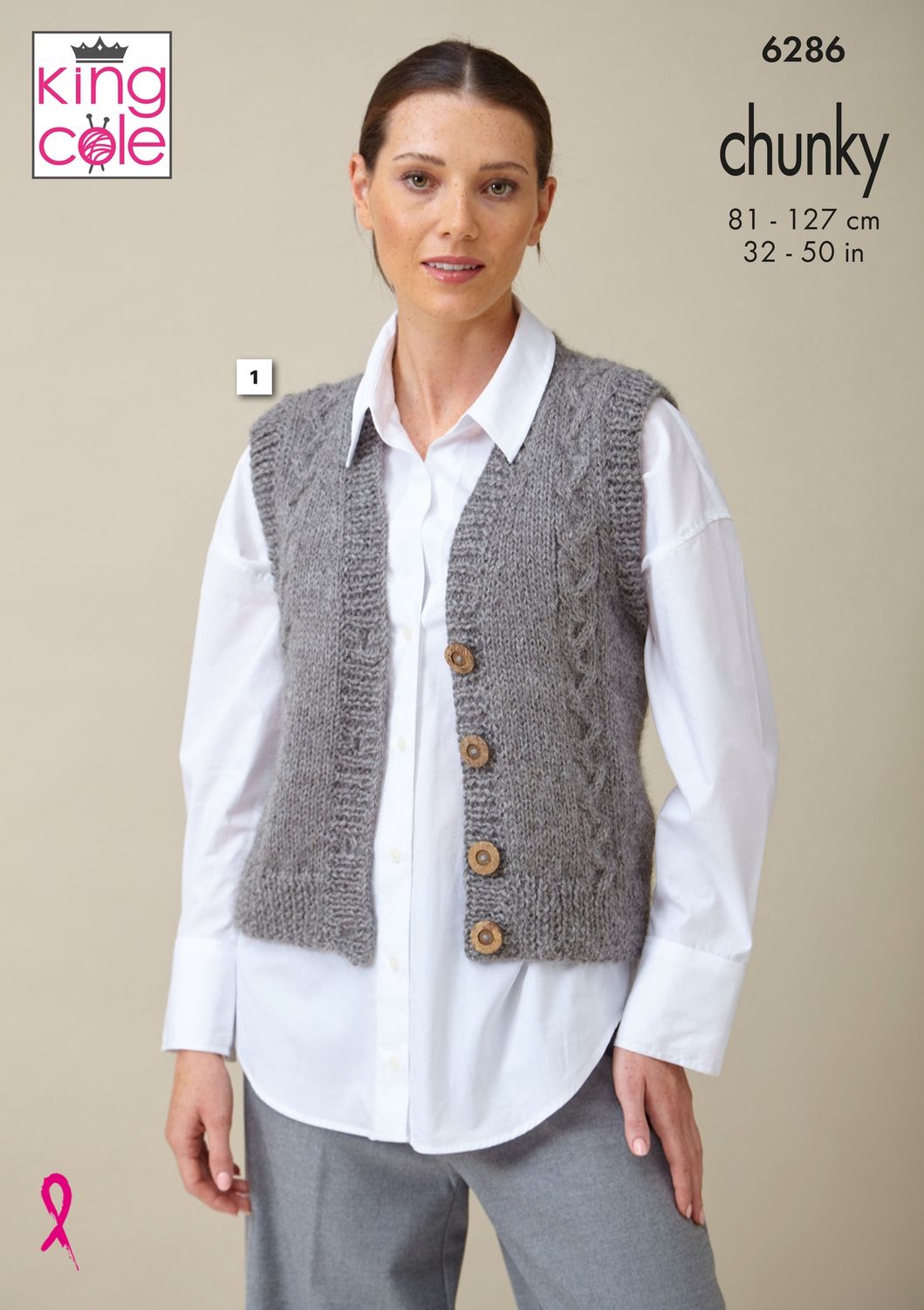 A woman is wearing a grey knitted waistcoat.