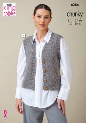 A woman is wearing a grey knitted waistcoat.