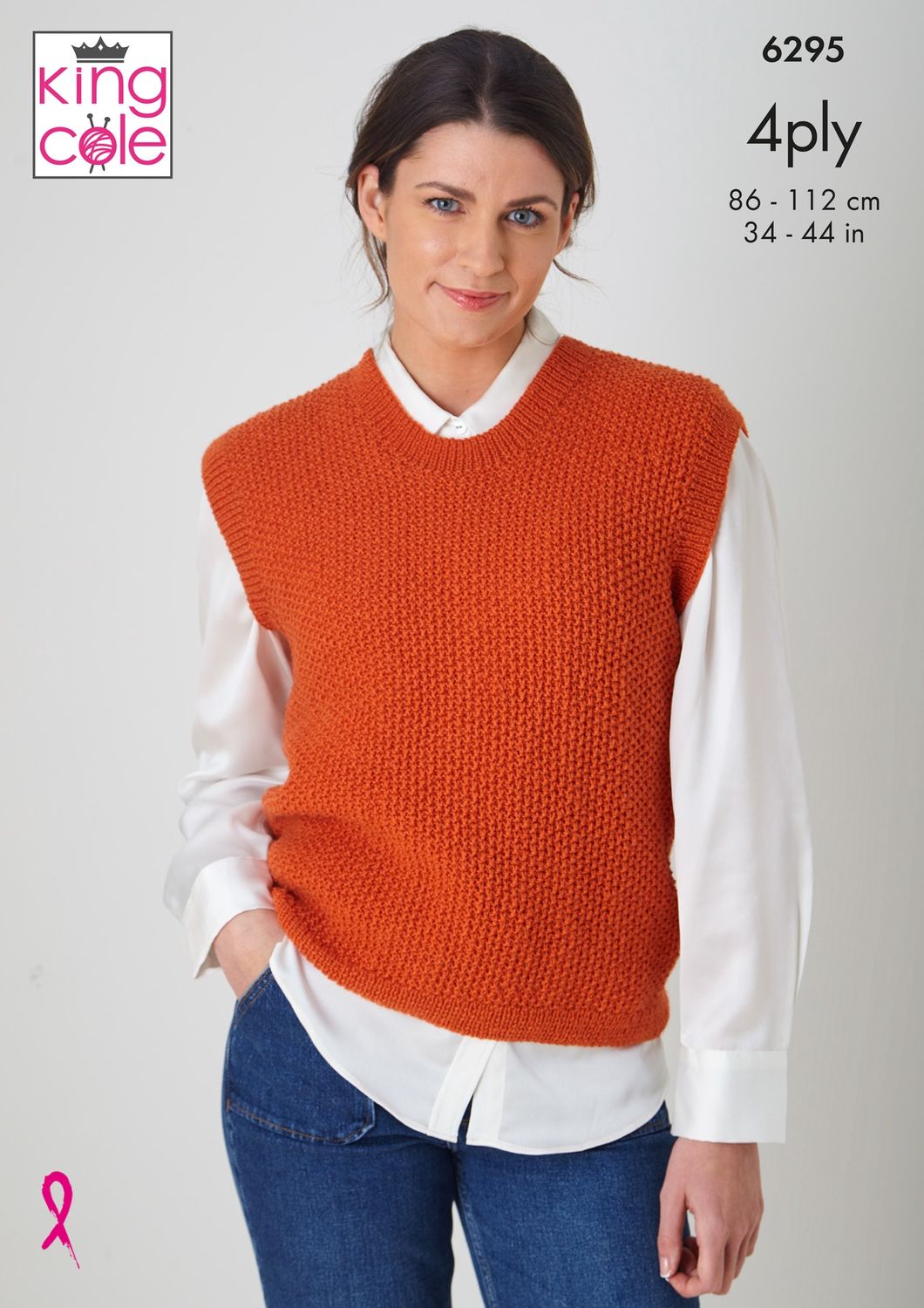 A woman is wearing an orange knitted tank top.