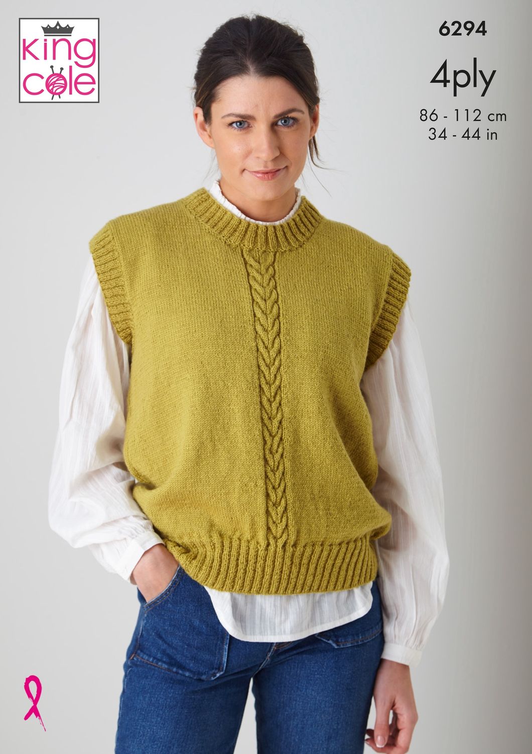 A woman is wearing a lime green knitted tank top.