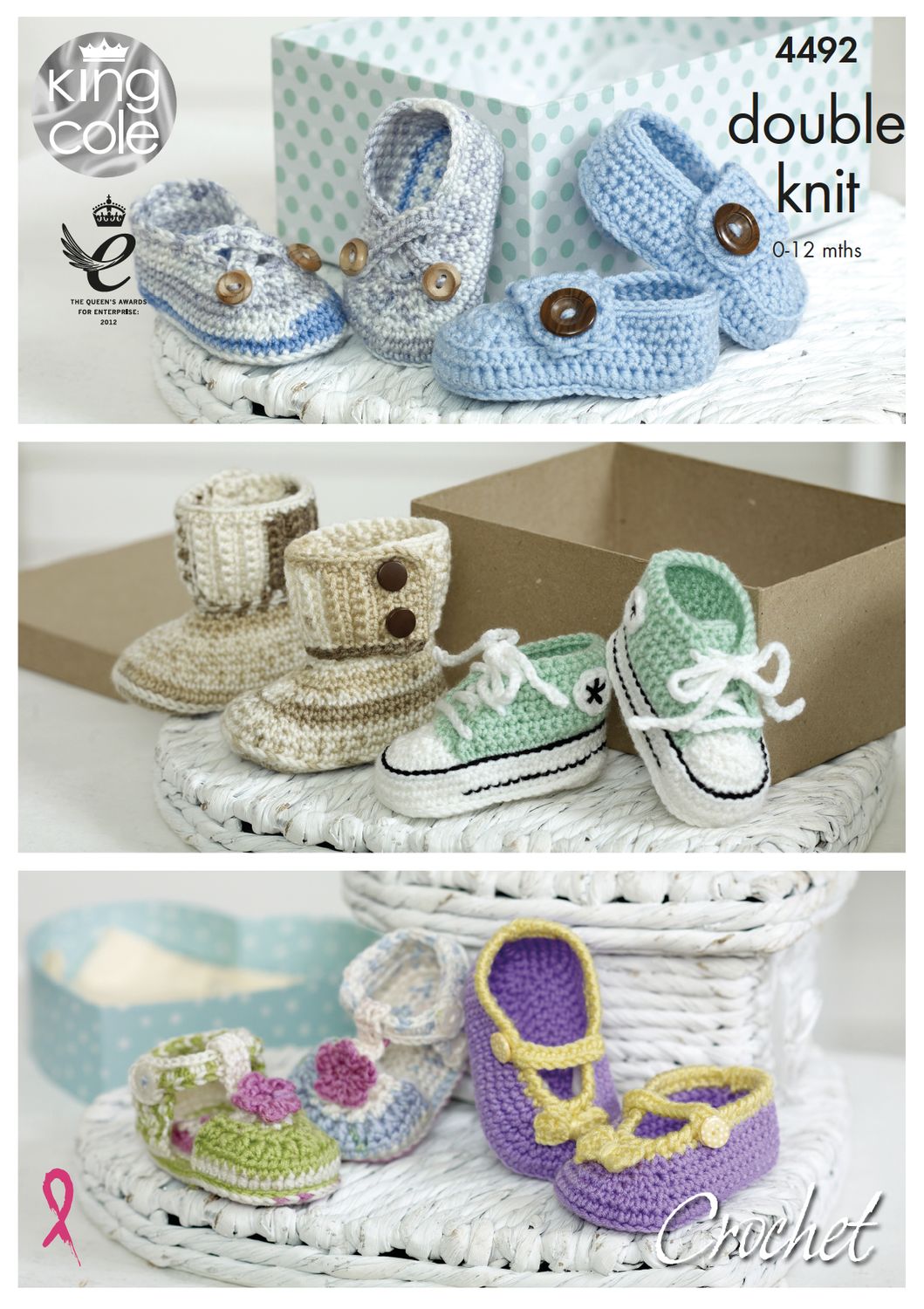 6 pairs of crocheted baby shoes, in various colours and styles.