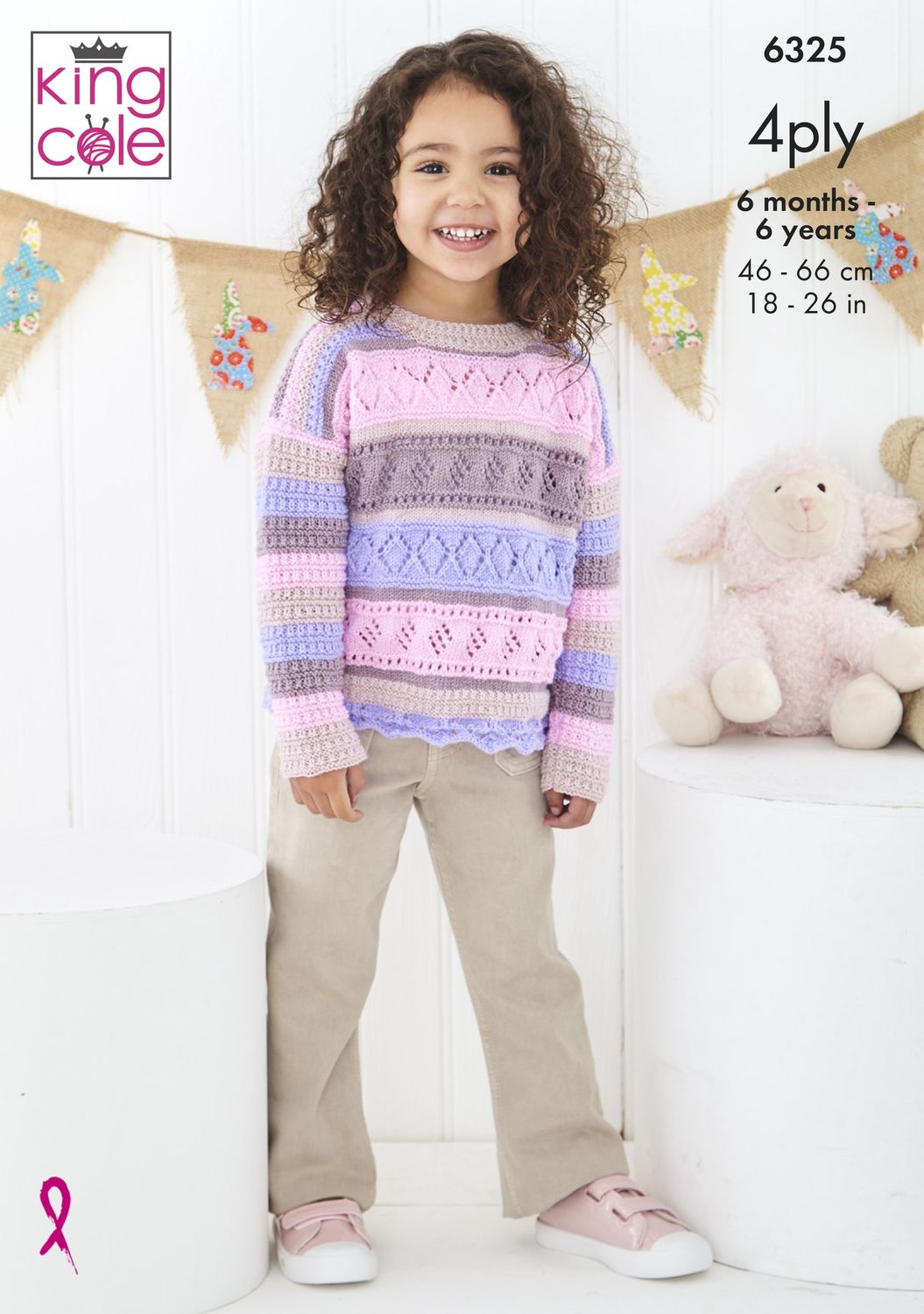 A girl is wearing a beige, taupe, pink and purple striped knitted sweater, with lace detail in each stripe.