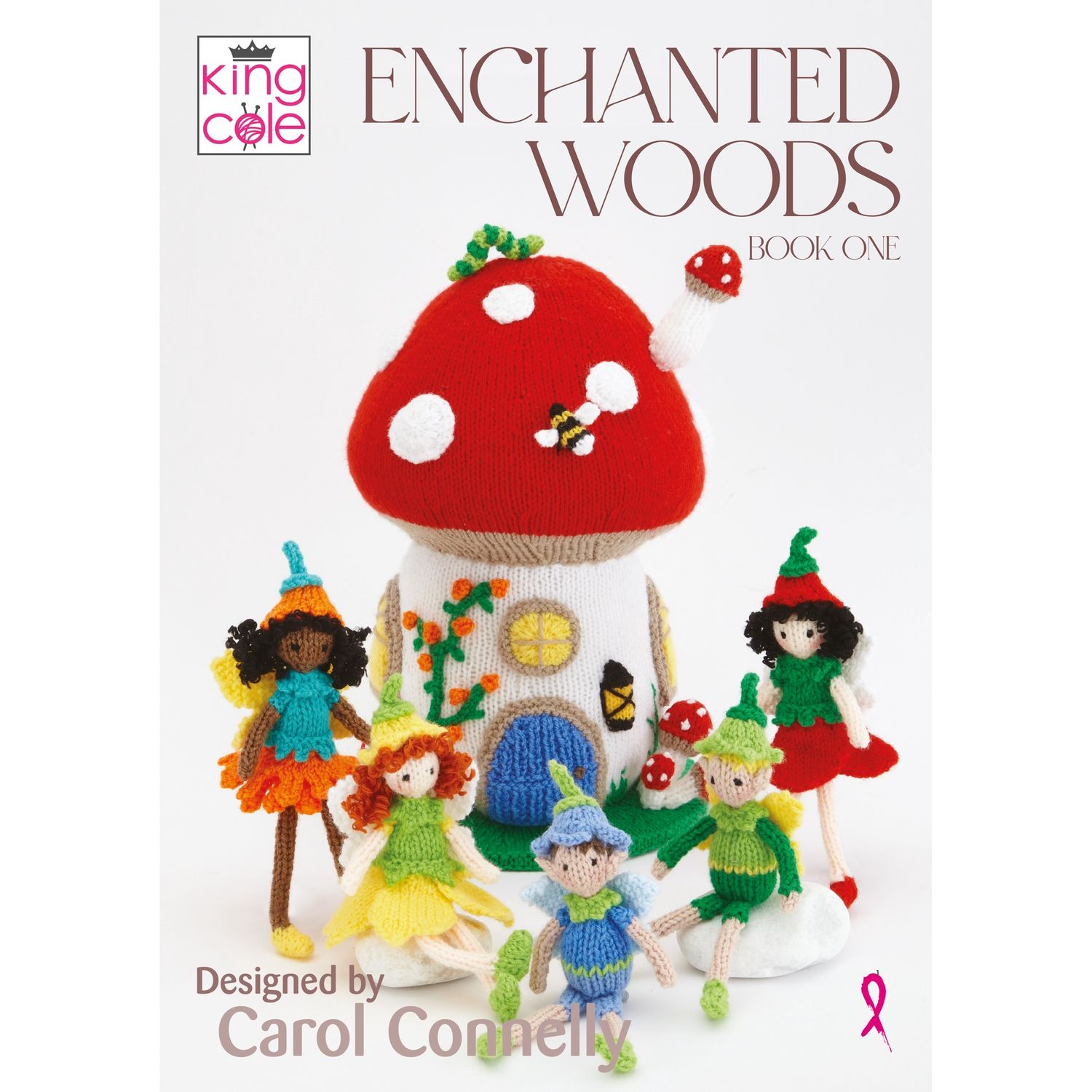 A knitted toadstool house with some knitted fairies and pixies.