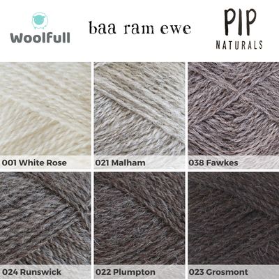 A shade card showing the 6 undyed colours of Pip, in cream, browns and greys.