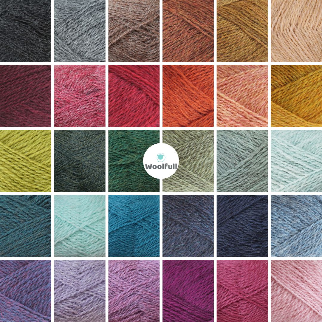 A shade card showing 30 colours of Pip, in shades of reds, oranges, mustard, greens, teals, blues, purples and pinks.