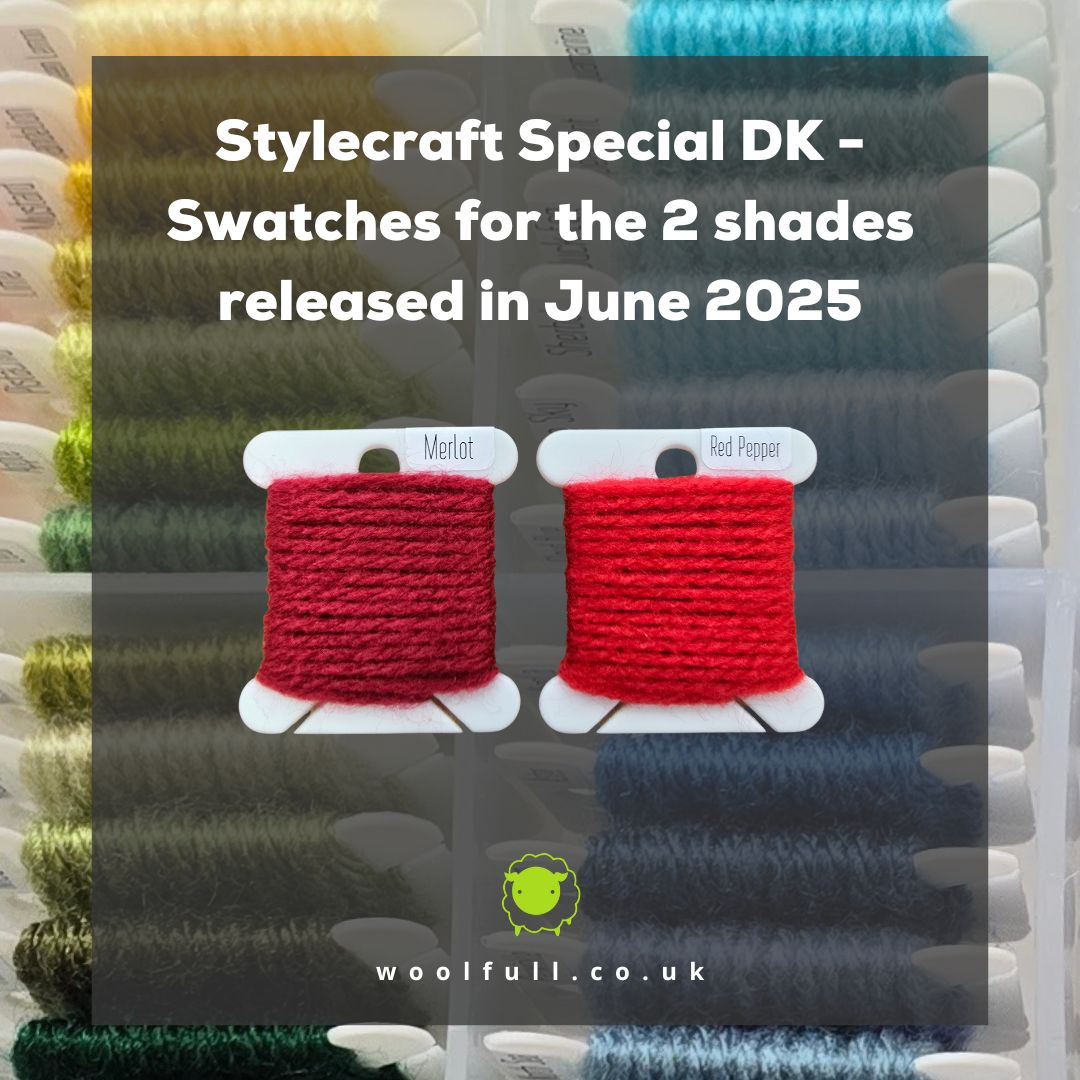 A background of yarn swatches, with text reading &#39;Stylecraft Special DK - Swatches for the 2 shades released in June 2025&#39;.