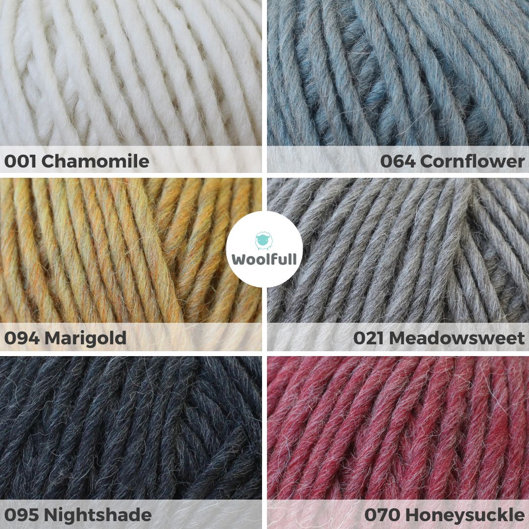A shade card showing the 6 colours of yarn, in cream, blue, mustard yellow, light grey, dark grey and red.