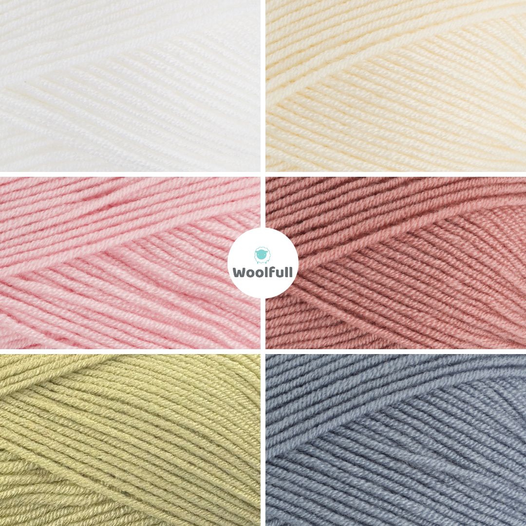 A shade card showing the 6 colours of yarn, in white, cream, pinks, green and blue.