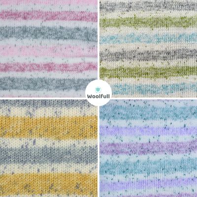 4 knitted swatches in variegated yarns.