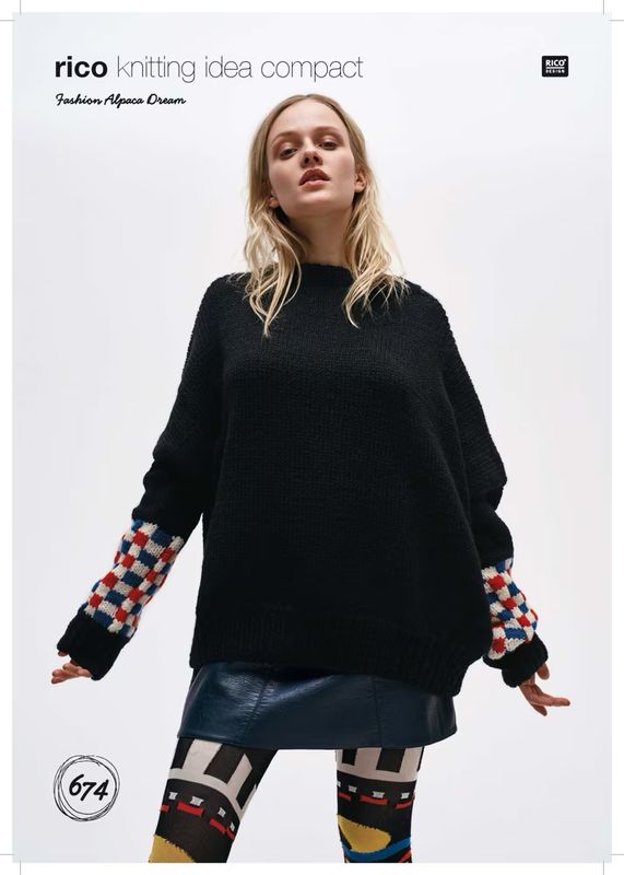 A woman is wearing an oversized black knitted sweater, with red, white and blue checked sleeves.