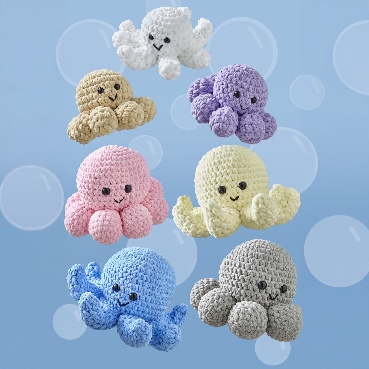 7 crocheted octopus toys in various pastel shades.