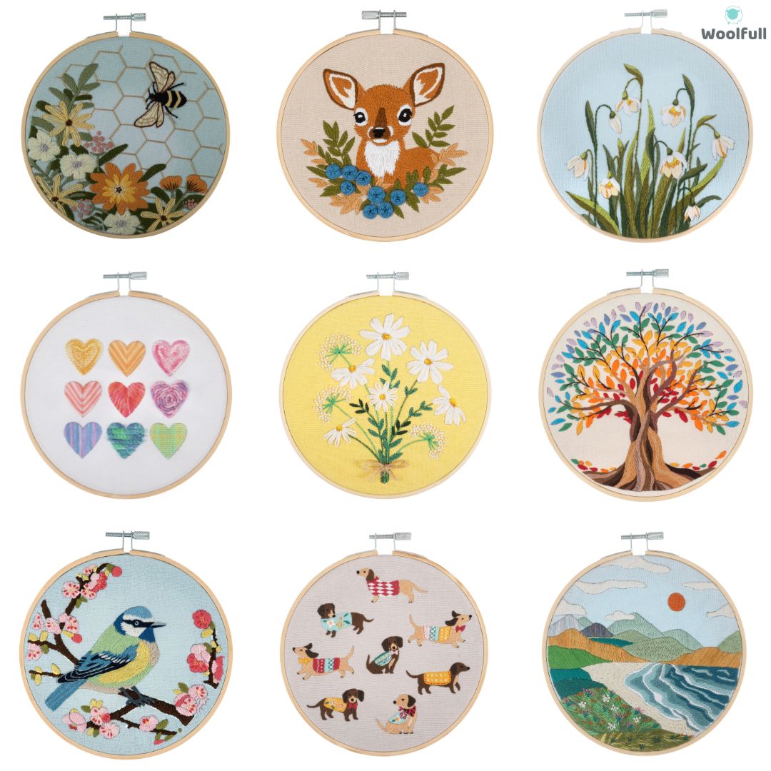 9 embroideries, in various nature and animal themed designs.