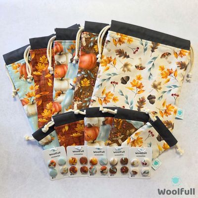 5 project bags, 5 notions pouches and 5 packs of fabric buttons, all in coordinating autumnal themed fabrics.