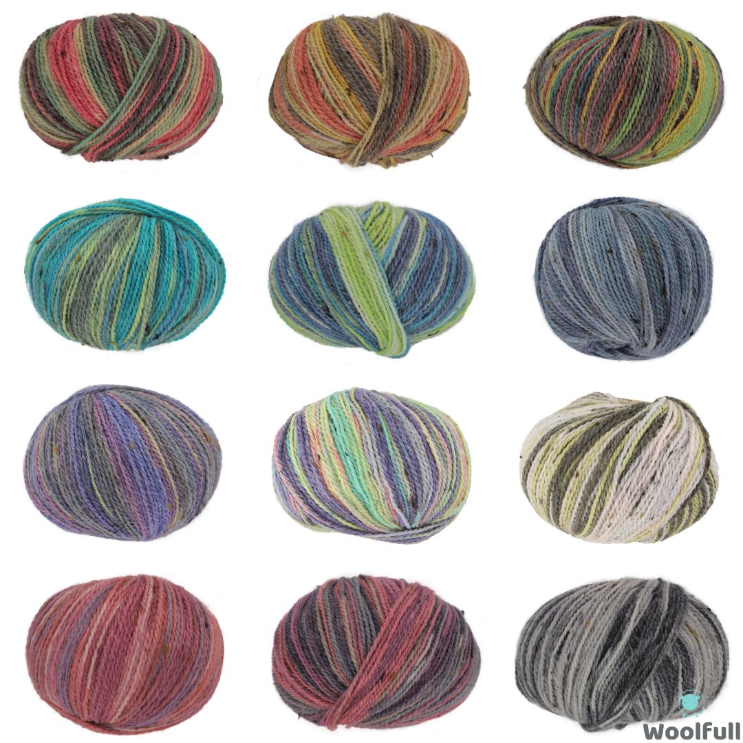 A shade card showing the 12 variegated colours of yarn.