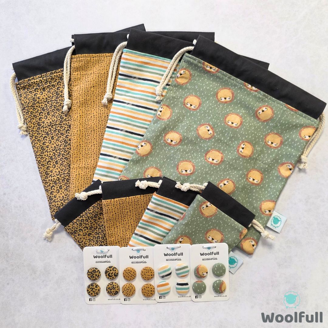4 project bags, 4 notions pouches and 4 packs of fabric buttons, all in coordinating safari themed fabrics.