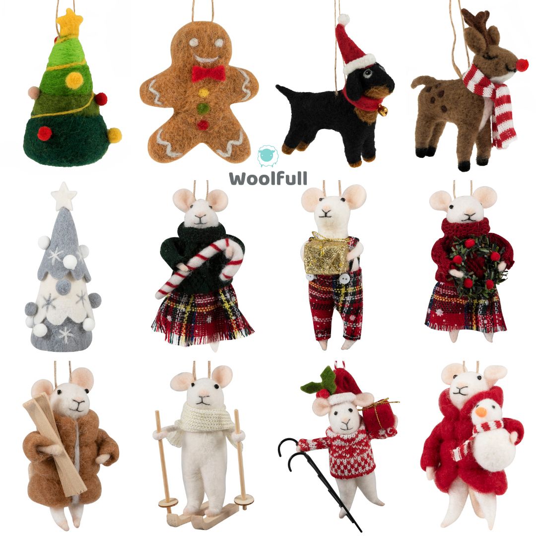 5 needle felted festive characters and 7 needle felted mice dressed in wintry clothing.