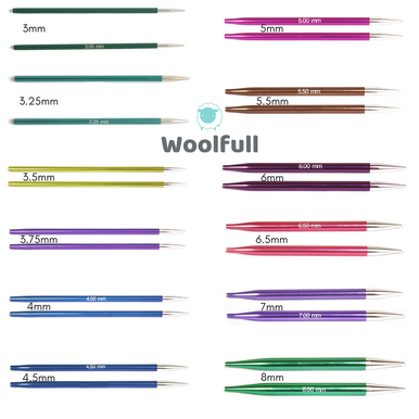 An image showing all sizes of needles, each is a different colour with the size written next to it.