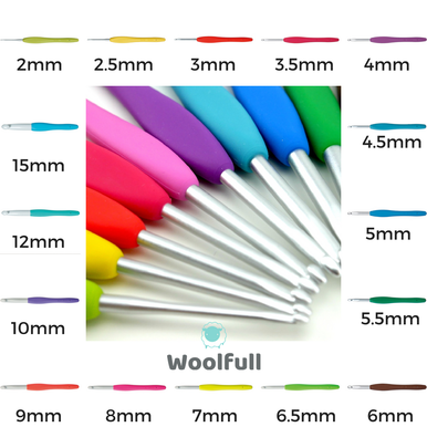 A collage of all the available hooks, with each size being a different colour.