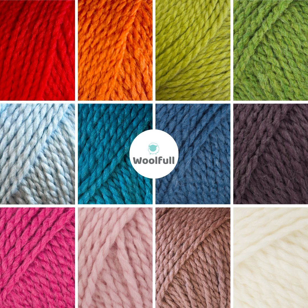 A shade card showing the 12 colours of yarn.