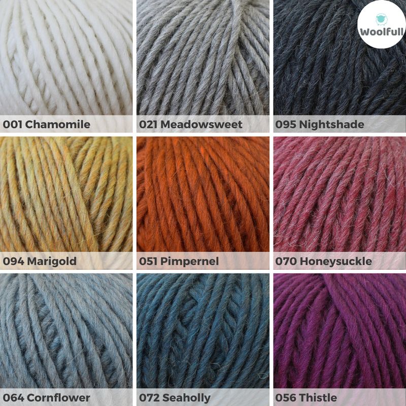 A shade card showing all 9 colours of yarn.