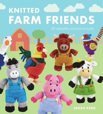 The front cover of the book, showing a knitted goose, rooster, highland bull, pheasant, donkey, pig and cow.