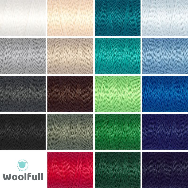A shade card showing the 19 colours of sewing thread.