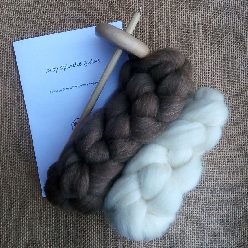 An instruction booklet, a drop spindle and 2 braids of roving wool.