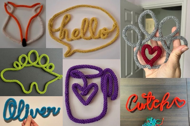 A selection of designs, such as 'hello', a dinosaur, a paw and a fox, all made from knitted cord.