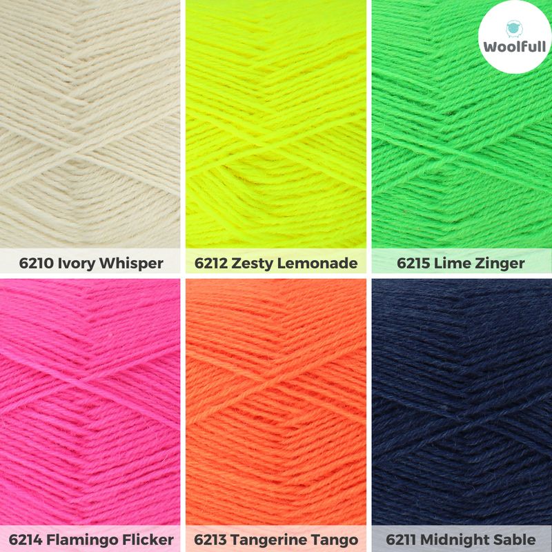 A shade card showing the 6 colours, in cream, neon yellow, neon green, neon pink, neon orange and navy blue.