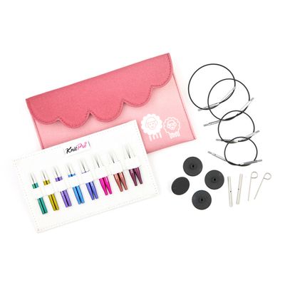 A pink fabric case, with all components of the set laid out.