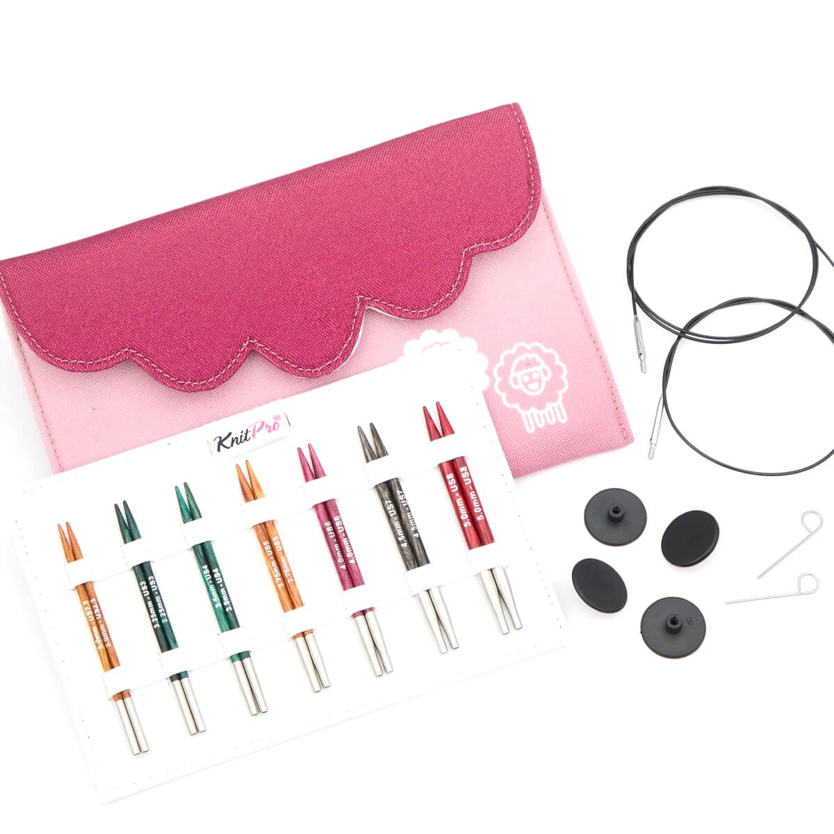 The pink fabric case, 7 pairs of needles and accessories included.