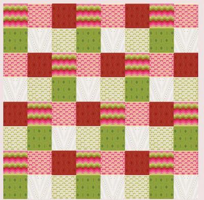 A knitted blanket made up of red, white and green floral and textured squares.