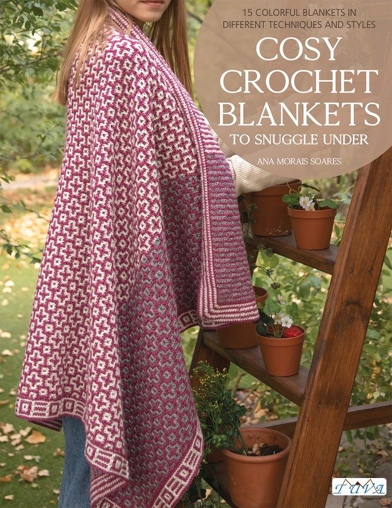 The front cover of the book, showing a pink mosaic crochet blanket.