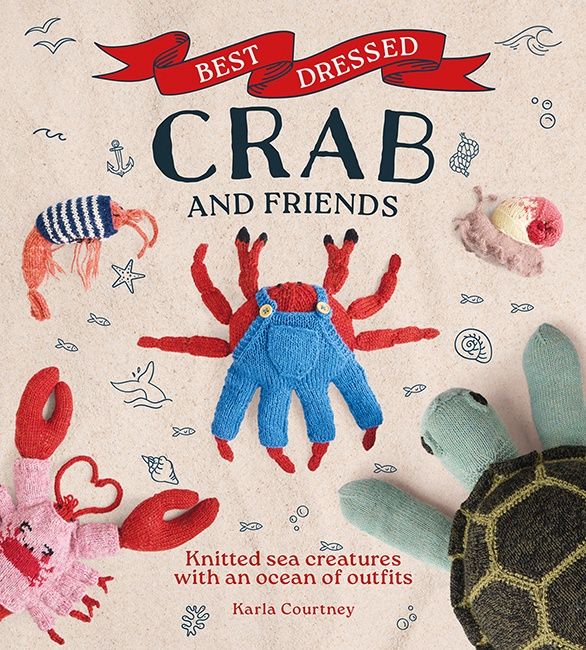 The front cover of the book, showing a red knitted crab wearing blue knitted dungarees.