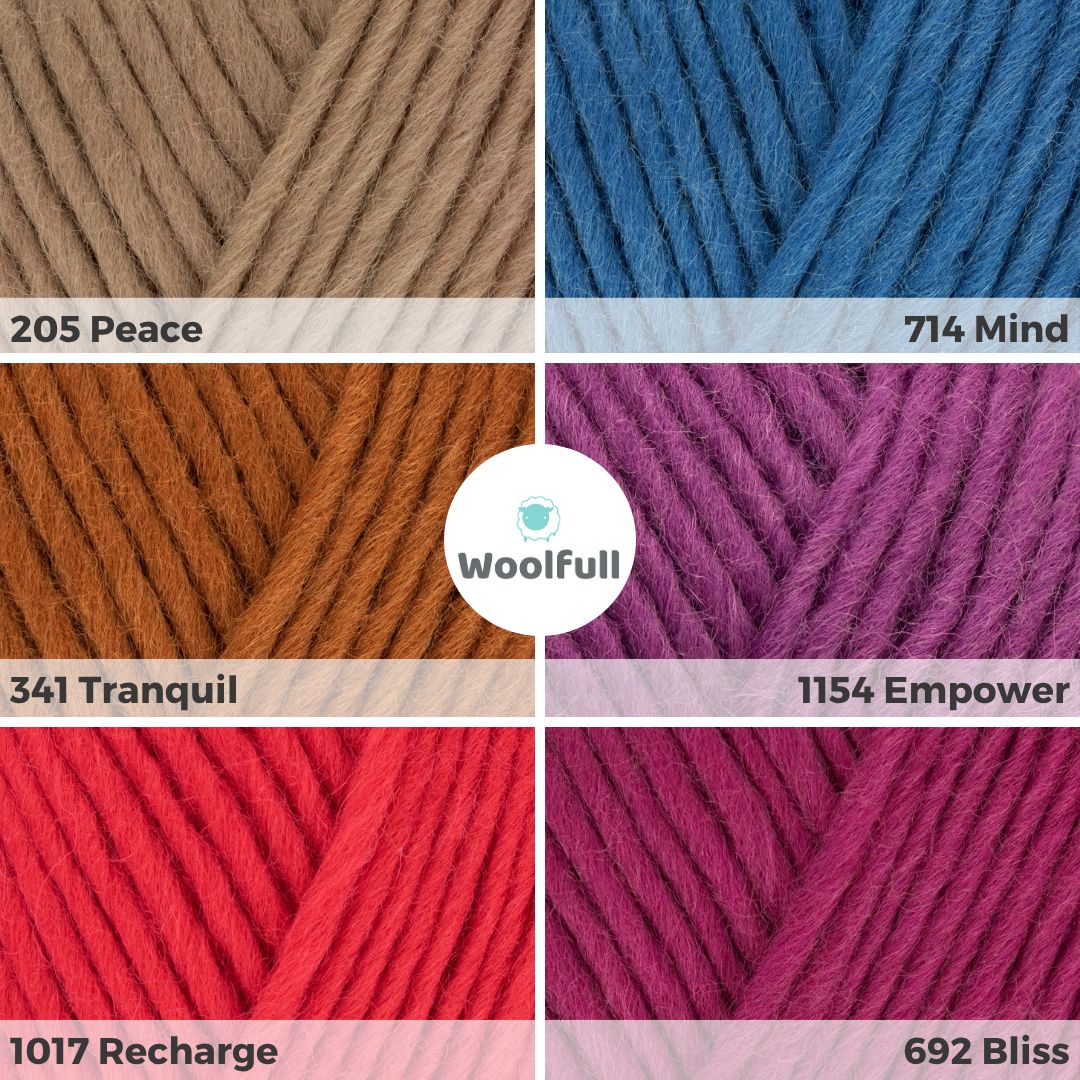 A shade card showing the yarn in light brown, burnt orange, bright red, royal blue, magenta purple and fuchsia pink.