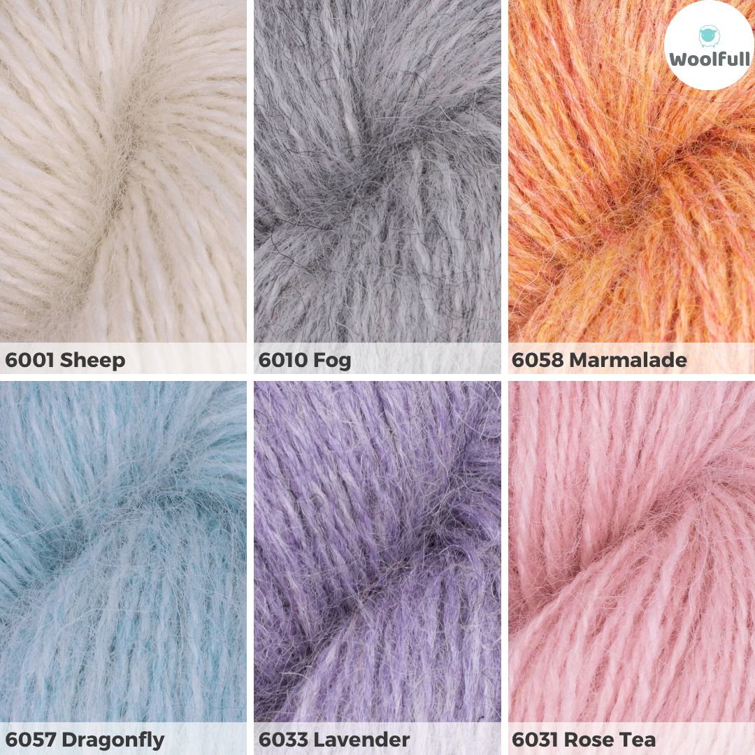 A shade card showing the 6 colours, in cream, grey, orange, blue, purple and pink.